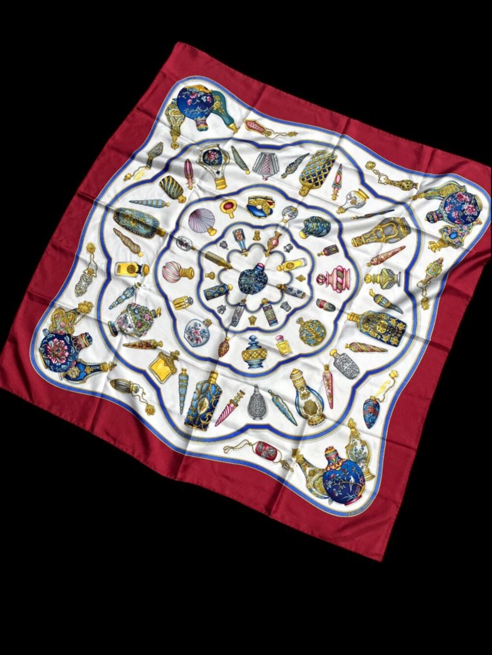 Hermes Qu'importe le flacon Carre 90 Silk Scarf Red Multicolor 35"